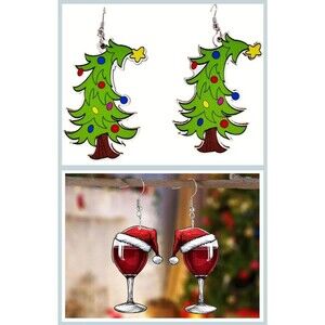 Christmas Tree Earrings Acrylic & Santa Hat Wine Glass Holiday Jewelry Set XMAS